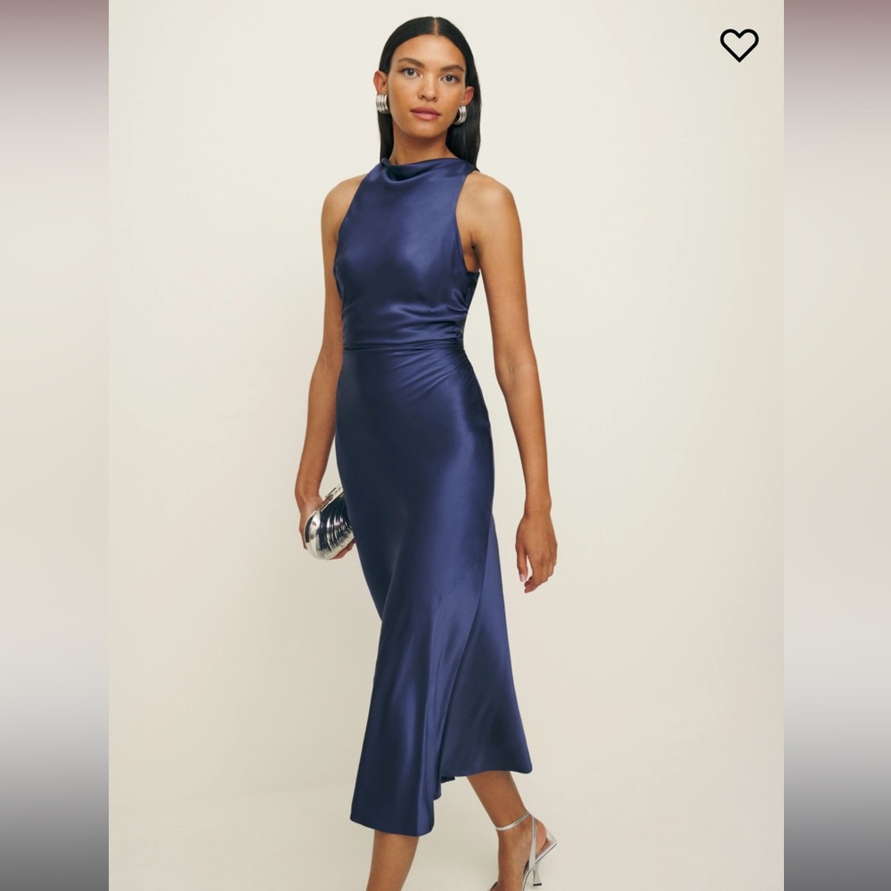 Reformation Navy Blue Satin Cowl-Neck Midi Dress - Picture 1 of 7